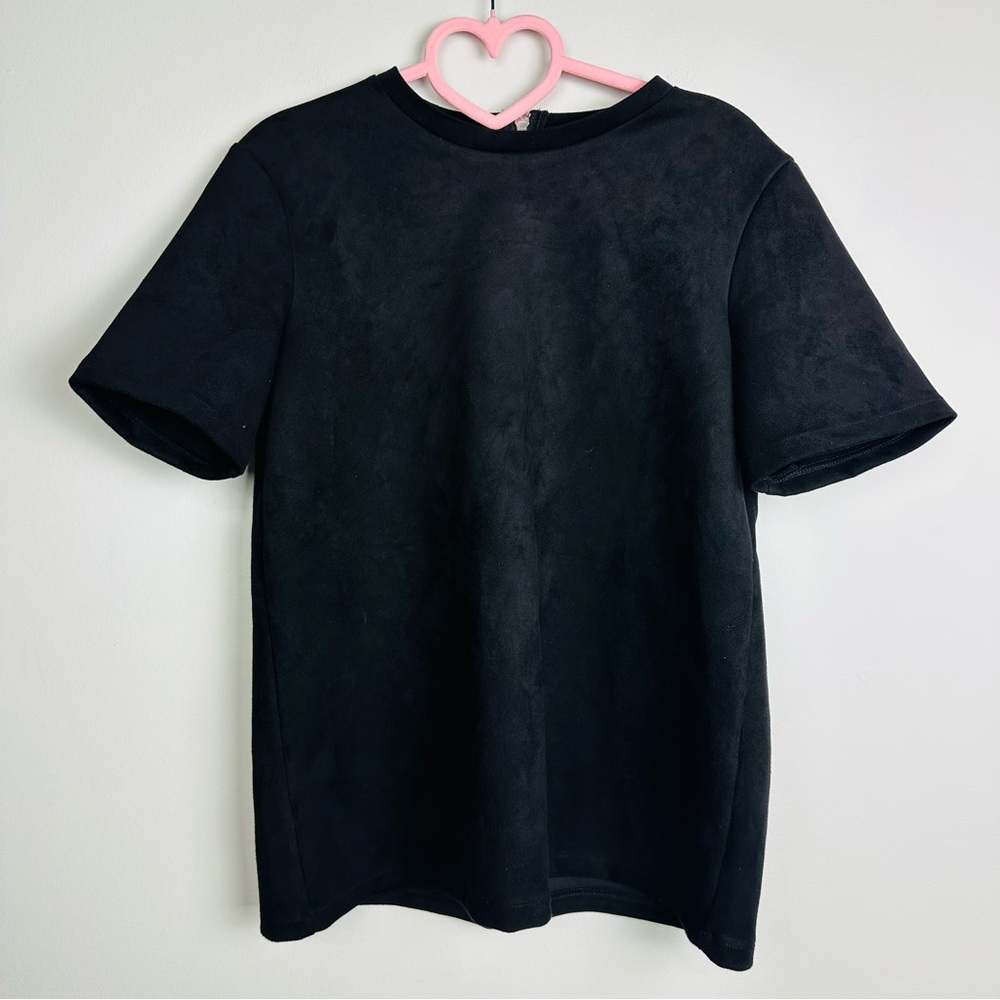 Zara Faux Suede Black Short Sleeve Exposed Back Zipper Blouse Size Medium